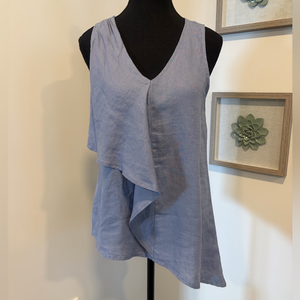 Never Worn! Harvé Benard Blue Sleeveless Ruffle V-Neck 💯 Linen Blouse